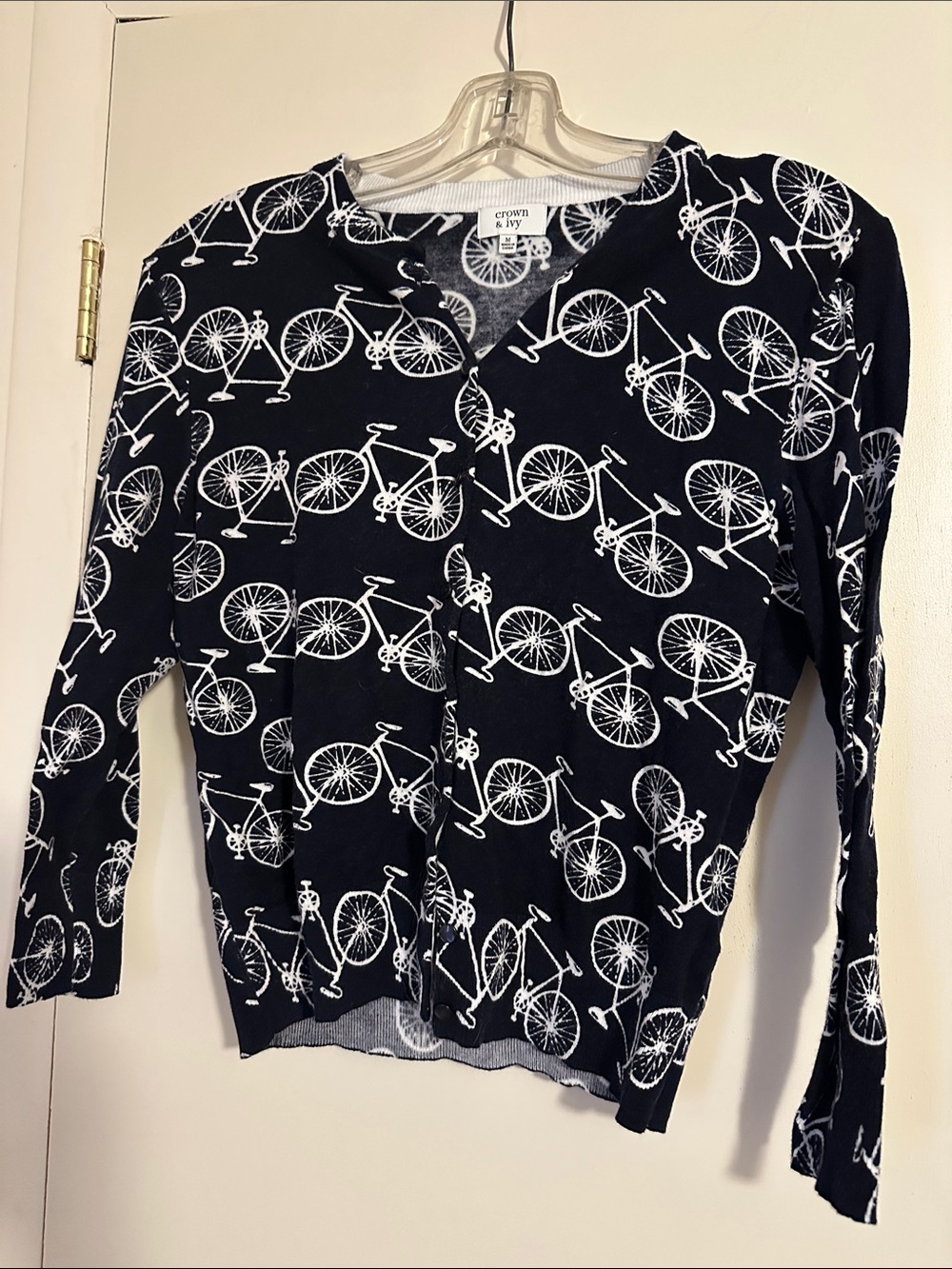 crown & ivy Black Long Sleeve Top with White Bicycle Print